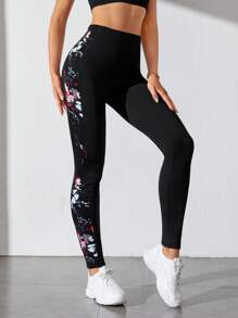 SHEIN Tall 印花彈性腰帶緊身打底褲 - 黑色 - 查看 5