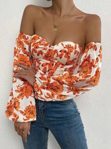 Chiquease Floral Print Off Shoulder Lantern Sleeve Bustier Crop Top - White - View 3