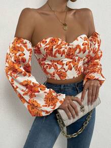 Chiquease Floral Print Off Shoulder Lantern Sleeve Bustier Crop Top - White - View 4