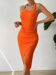 SHEIN Privé Đầm Bất đối xứng Lộ Lưng Buộc lại màu trơn Giải trí - trái cam - Xem 6