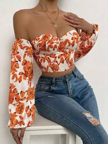 Chiquease Floral Print Off Shoulder Lantern Sleeve Bustier Crop Top - White - View 5