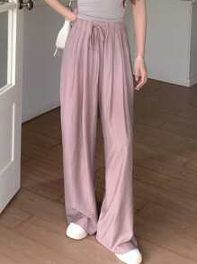 DAZY 纯色抽绳腰阔腿裤，教师裤 - 藕粉色 - 查看 2