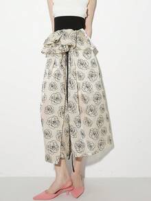 Floral Print Ruffle Trim Skirt - Apricot - View 1