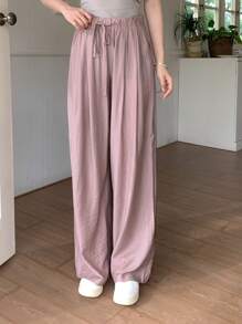 DAZY 纯色抽绳腰阔腿裤，教师裤 - 藕粉色 - 查看 7