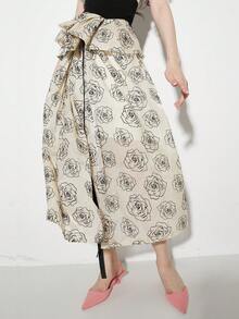 Floral Print Ruffle Trim Skirt - Apricot - View 5