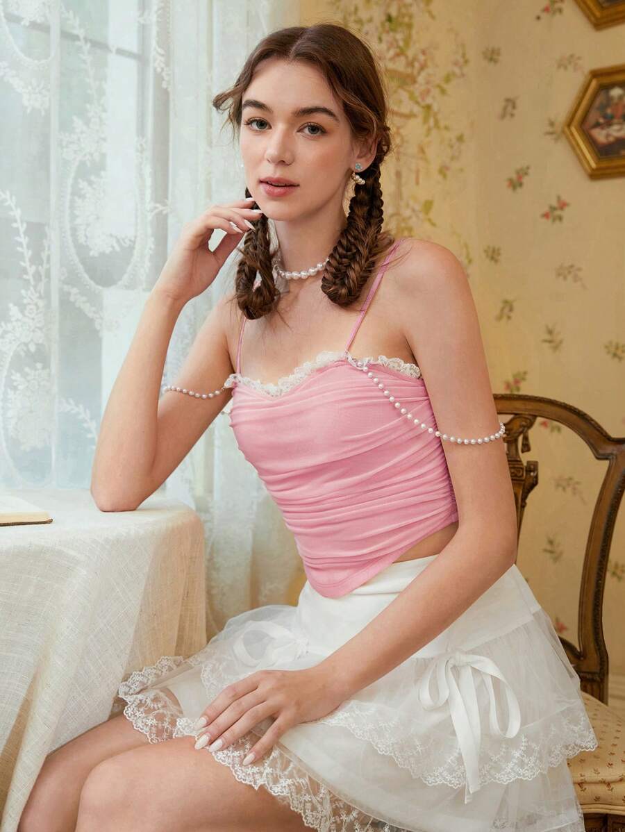 SHEIN MOD Top de tirantes con cuenta de perla fruncido - Rosa Pálido - Ver 1