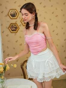 SHEIN MOD Top de tirantes con cuenta de perla fruncido - Rosa Pálido - Ver 4