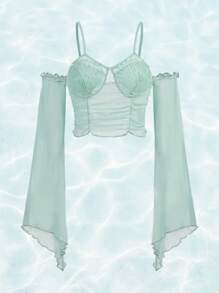 ROMWE Fairycore Cold Shoulder Trumpet Sleeve Ruched Mesh Top - Green - View 1