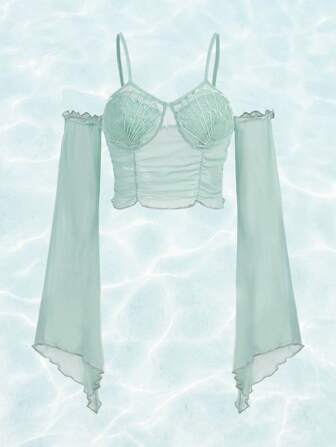 Fairycore Cold Shoulder Trumpet Sleeve Ruched Mesh Top