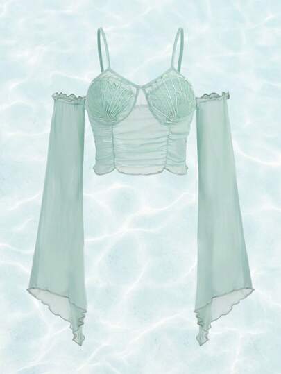 Fairycore لباس علوي كتف مكشوف اكمام على شكل بوق تجاعيد شبكة