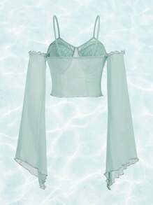ROMWE Fairycore Cold Shoulder Trumpet Sleeve Ruched Mesh Top - Green - View 2