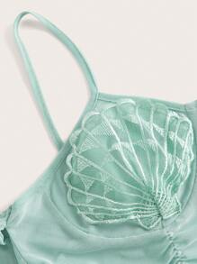 ROMWE Fairycore Cold Shoulder Trumpet Sleeve Ruched Mesh Top - Green - View 3