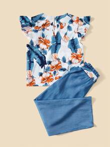 SHEIN Bộ thời trang bé gái Thắt lưng Nút Xù Nhiệt đới Boho - Nhiều màu - Xem 2