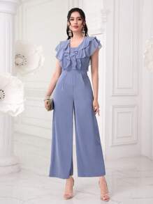 Modelyn Ruffle Trim Wide Leg Jumpsuit - Baby Blue - View 1