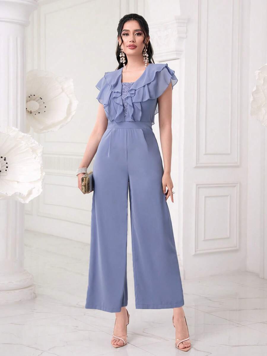 Modelyn Ruffle Trim Wide Leg Jumpsuit - Baby Blue - View 1