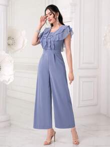 Modelyn Ruffle Trim Wide Leg Jumpsuit - Baby Blue - View 3