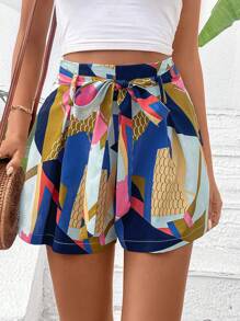SHEIN VCAY Geo Print Belted Wide Leg Shorts - Multicolor - View 1