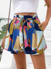 SHEIN VCAY Geo Print Belted Wide Leg Shorts - Multicolor - View 3
