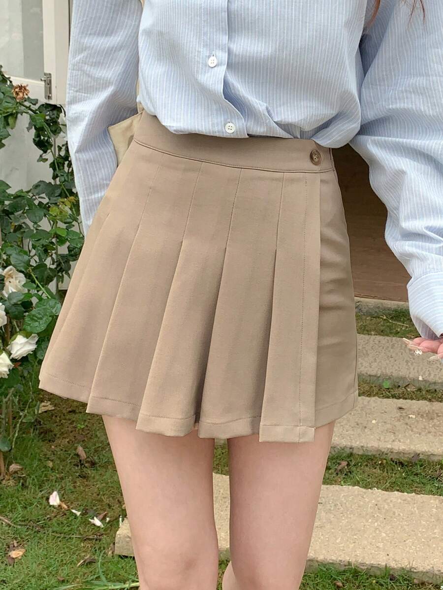 DAZY Falda Shorts Plisada De Detalle Sólido - Caqui - Ver 1