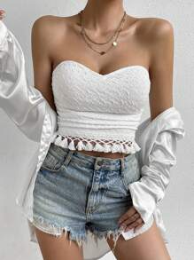 SHEIN VCAY Áo nữ mép POM Pom màu trơn Boho - trắng - Xem 4