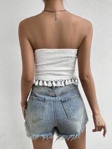 SHEIN VCAY Áo nữ mép POM Pom màu trơn Boho - trắng - Xem 2