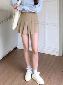 DAZY Falda Shorts Plisada De Detalle Sólido - Caqui - Ver 5