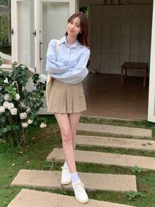 DAZY Falda Shorts Plisada De Detalle Sólido - Caqui - Ver 6