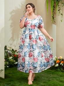 Modelyn Plus Floral Print Puff Sleeve Dress - Multicolor - View 1