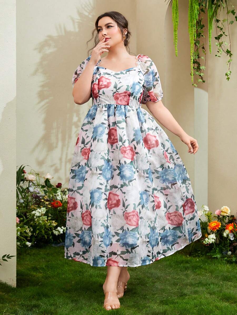 Modelyn Plus Floral Print Puff Sleeve Dress - Multicolor - View 1