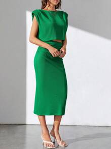 SHEIN Tall Bộ đồ hai mảnh nữ Xù màu trơn Thanh lịch - màu xanh lá - Xem 3