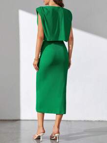 SHEIN Tall Bộ đồ hai mảnh nữ Xù màu trơn Thanh lịch - màu xanh lá - Xem 2