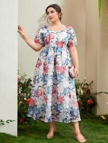 Modelyn Plus Floral Print Puff Sleeve Dress - Multicolor - View 4