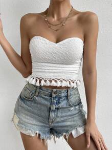 SHEIN VCAY Áo nữ mép POM Pom màu trơn Boho - trắng - Xem 6