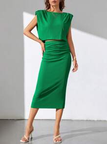SHEIN Tall Bộ đồ hai mảnh nữ Xù màu trơn Thanh lịch - màu xanh lá - Xem 1