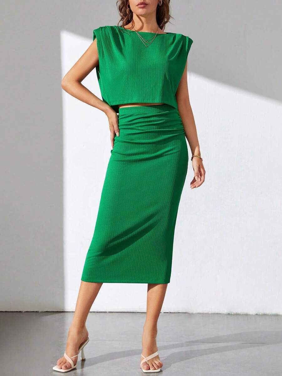 SHEIN Tall Bộ đồ hai mảnh nữ Xù màu trơn Thanh lịch - màu xanh lá - Xem 1
