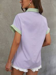 SHEIN LUNE Áo sơ mi nữ Nút phía trước Khối Màu Sọc Giải trí - Nhiều màu - Xem 2