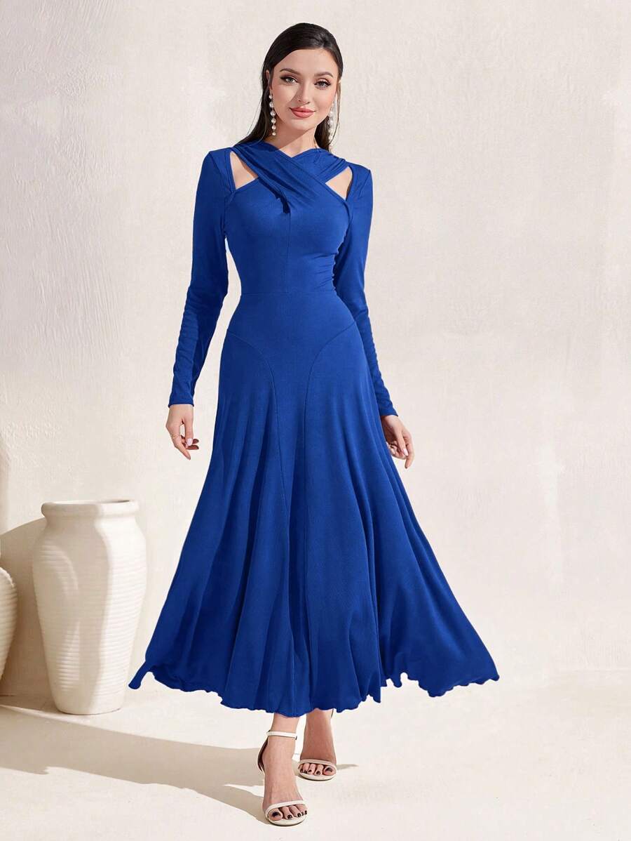 Modelyn Đầm Hội Chữ thập Cắt ra Trọn gói màu trơn Thanh lịch - Màu xanh lam - Xem 1