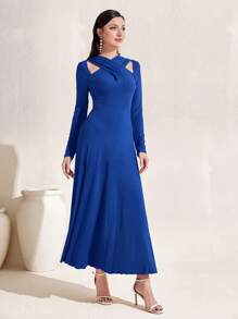 Modelyn Đầm Hội Chữ thập Cắt ra Trọn gói màu trơn Thanh lịch - Màu xanh lam - Xem 5