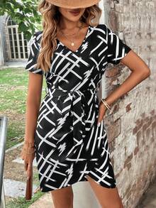SHEIN Clasi Allover Print Wrap Hem Belted Dress - Black and White - View 2