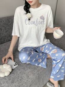 DAZY Letter Graphic Drop Shoulder Tee & Trousers PJ Set - Blue - View 7