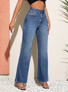 SHEIN Essnce High Waist Flare Leg Jeans - Blue - View 6