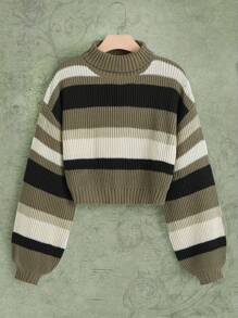 ROMWE Fairycore 條紋圖案高領燈籠袖短款毛衣 - 彩色 - 查看 1