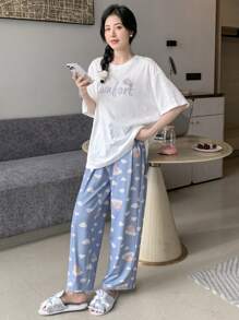 DAZY Letter Graphic Drop Shoulder Tee & Trousers PJ Set - Blue - View 1