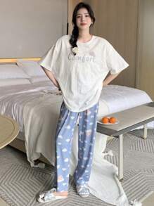 DAZY Letter Graphic Drop Shoulder Tee & Trousers PJ Set - Blue - View 5