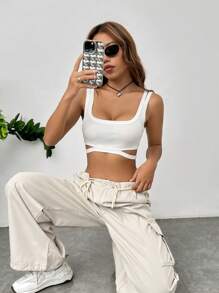 SHEIN EZwear Cut Out Crop Tank Top - White - View 4