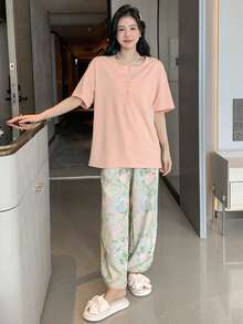 DAZY Solid Button Front Tee & Floral Print Pants Lounge Set - Pink - View 3
