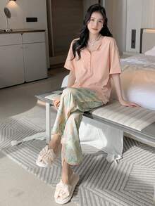 DAZY Solid Button Front Tee & Floral Print Pants Lounge Set - Pink - View 5