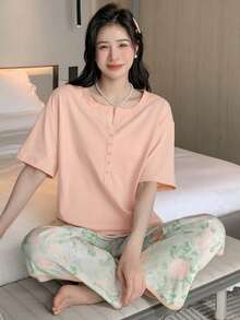 DAZY Solid Button Front Tee & Floral Print Pants Lounge Set - Pink - View 6