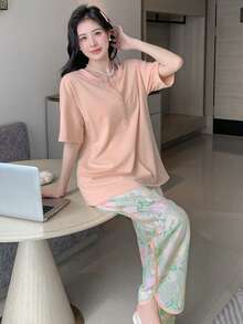 DAZY Solid Button Front Tee & Floral Print Pants Lounge Set - Pink - View 8