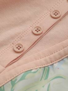 DAZY Solid Button Front Tee & Floral Print Pants Lounge Set - Pink - View 9